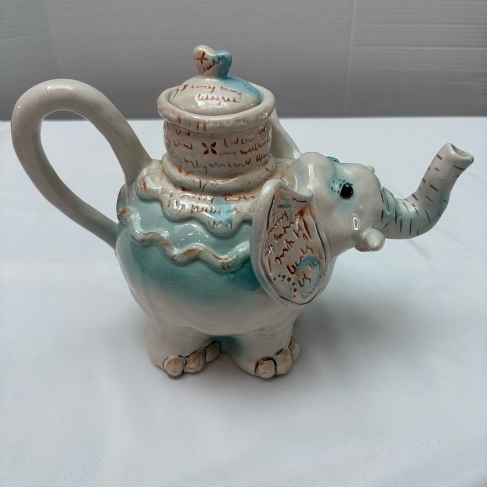 Blue Sky Clayworks Elephant Ceramic Teapot by Heather Goldminc Cream Blue - Picture 3 of 9